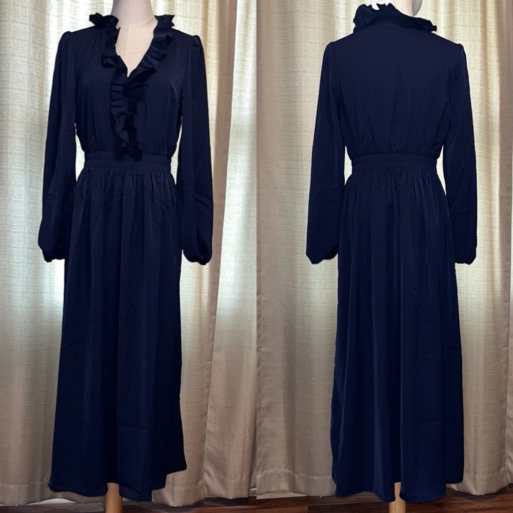 Navy Blue Victorian Style Ruffled V-Neck Long Sleeve Dress Womens Medium
